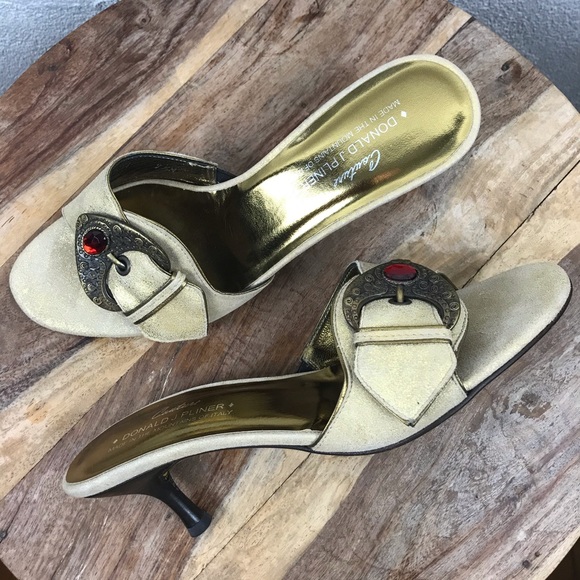 Donald J Pliner l 7.5N Keti Gold Distress Metallic Jeweled Buckle Open Toe Mule